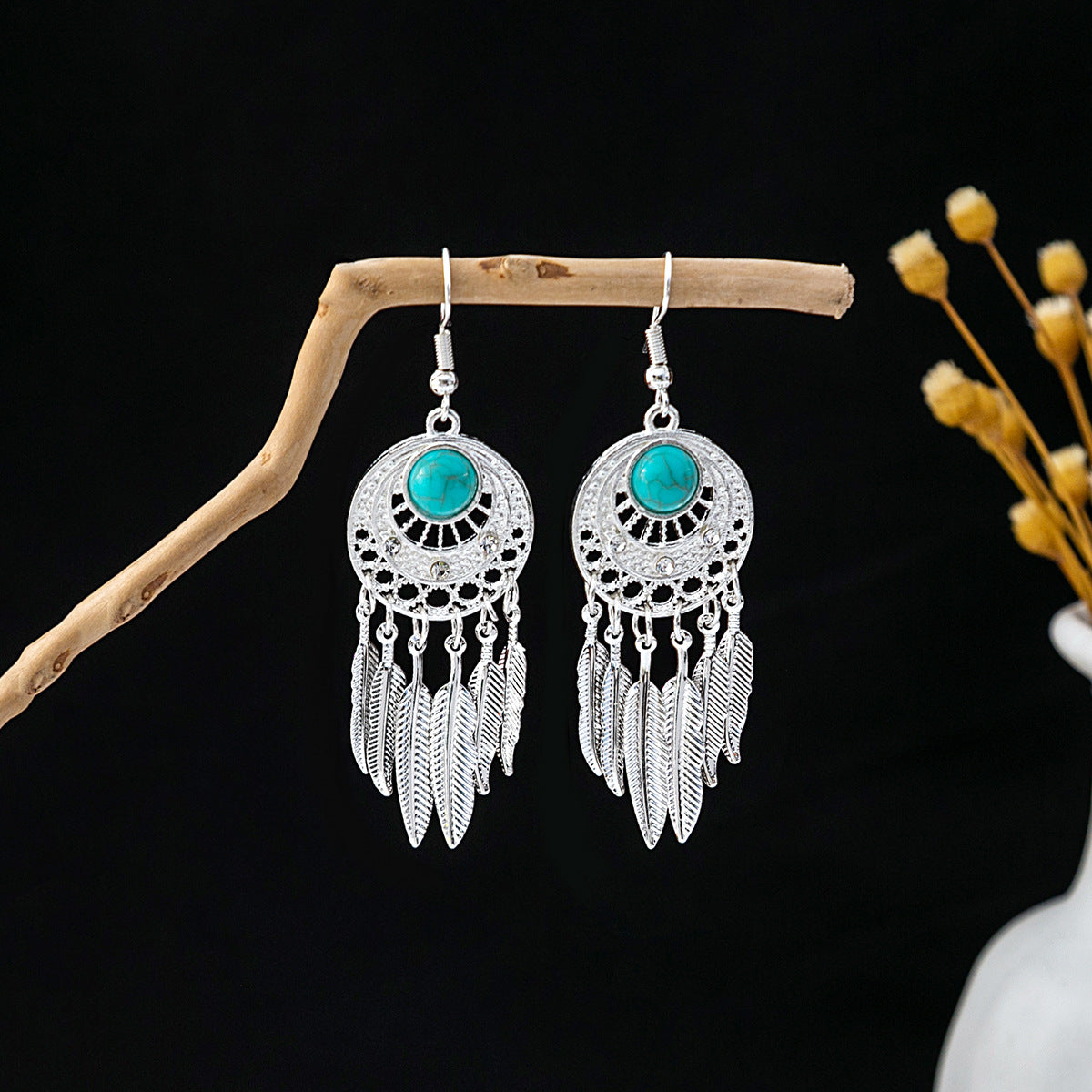 Wholesale retro ethnic style hollow flower tassel turquoise owl alloy earrings ACC-ES-MDD009