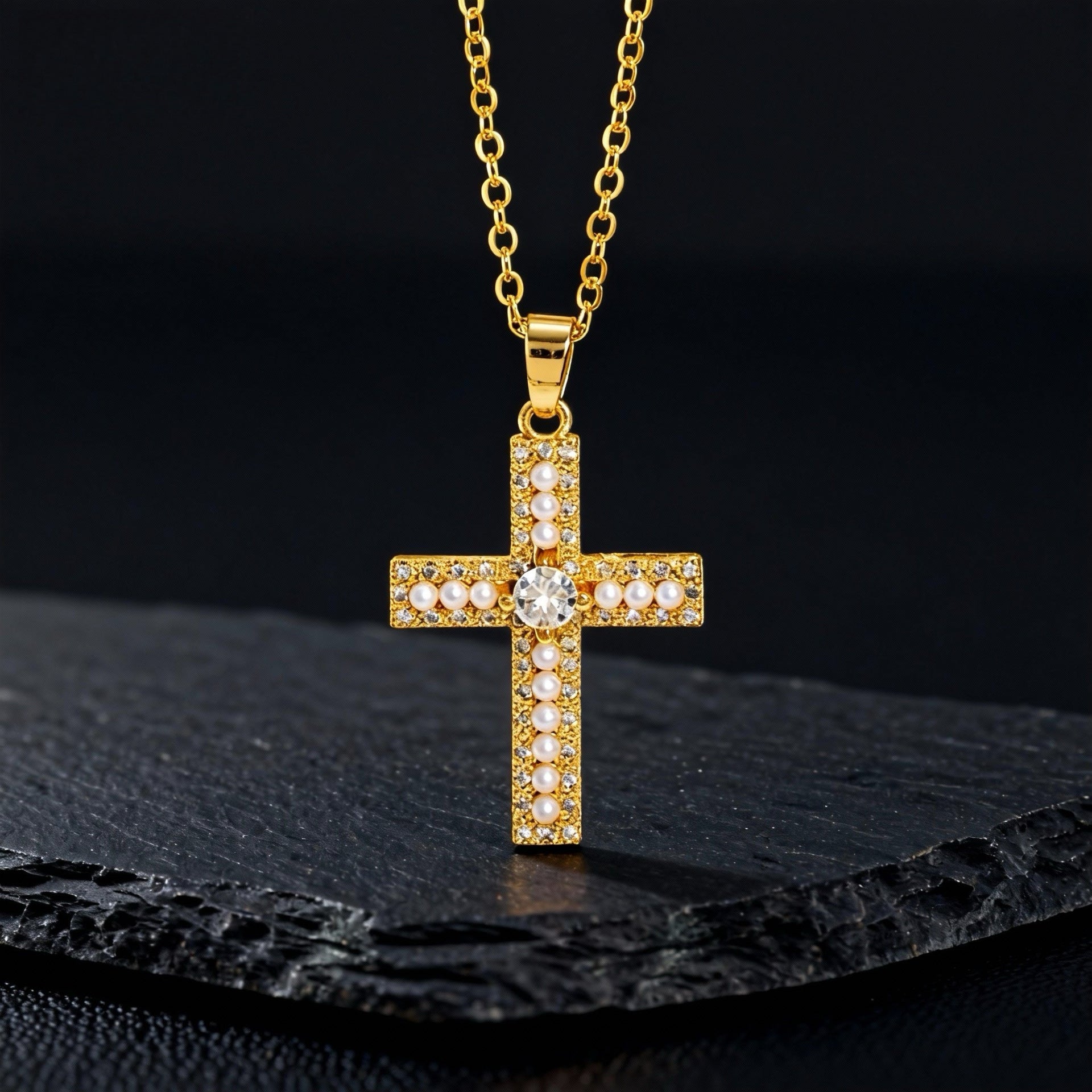 Wholesale Copper Cross Pendant Necklace With Micro Set Zircon And Pearl Chic Fashion Jewelry Accessory Gift For Women Boutique Resale