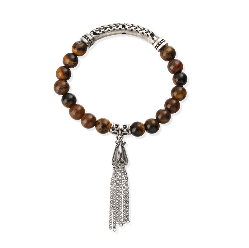 Wholesale Retro Chic Antique Silver Tone Stone Bead Bracelet With Tassel Pendant Heart Shaped 16 Beads Unisex Wedding Gift Fashion Accessory