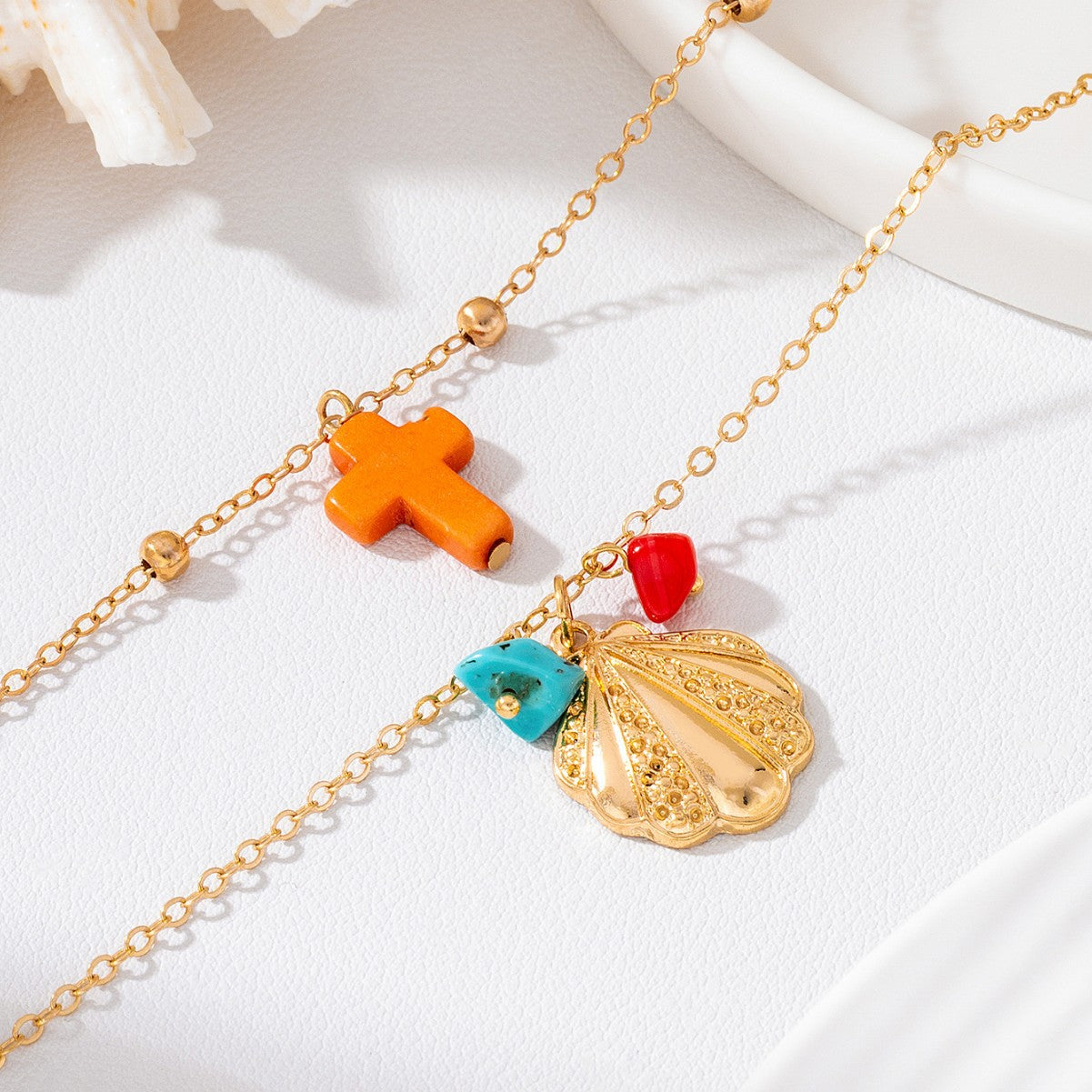 Wholesale Stylish Gold Double Layer Bead Chain Necklace With Colorful Cross Shell Pendant Casual Beach Layering Jewelry For Resale