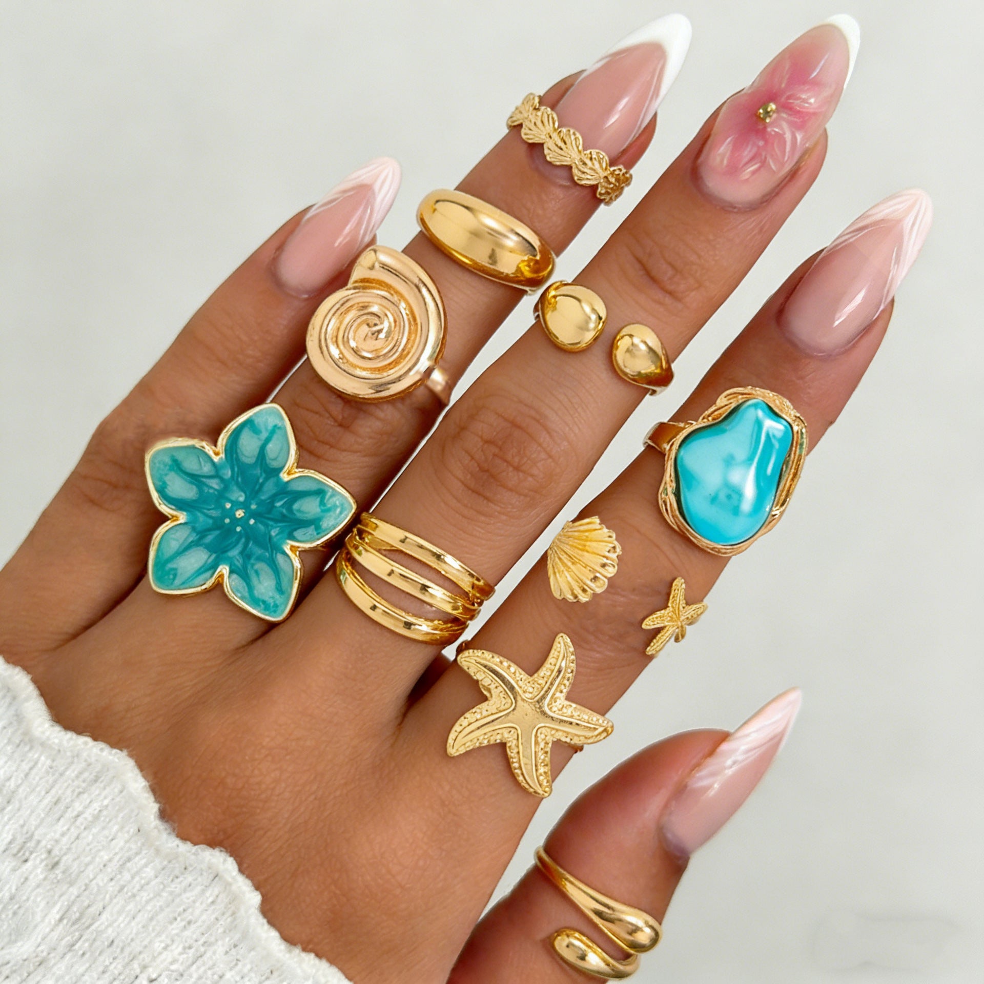 Wholesale Bohemian Vintage Starfish Adjustable Ring - 10-Piece Set,  Fashion Jewelry Accessory Gift