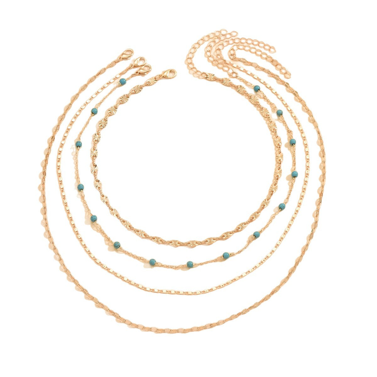 Wholesale Casual French-Style Turquoise Beaded Necklace Set of 4,  Gold-Plated Collarbone Chain Jewelry Accessory for Women