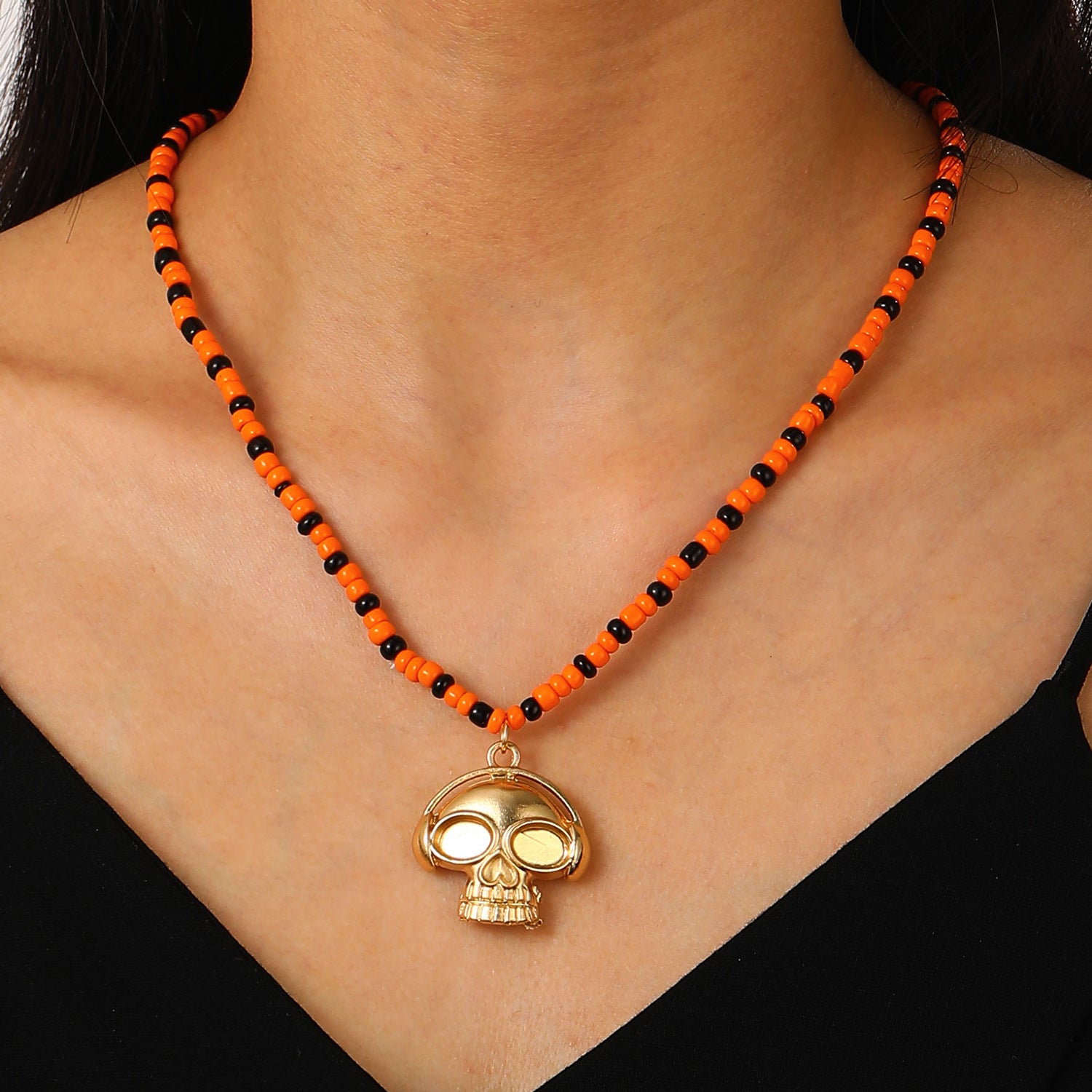 Wholesale Gothic  Skull Rice Bead Necklace,  Alloy Handmade Bead Chain,  Fashion Accessory for Resale
