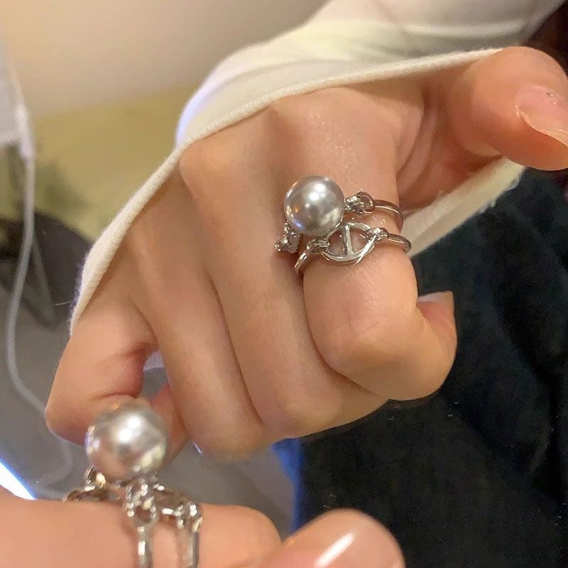 Wholesale Stylish Women S Gray Pearl Ring Geometric Adjustable Jewelry Accessory Gift