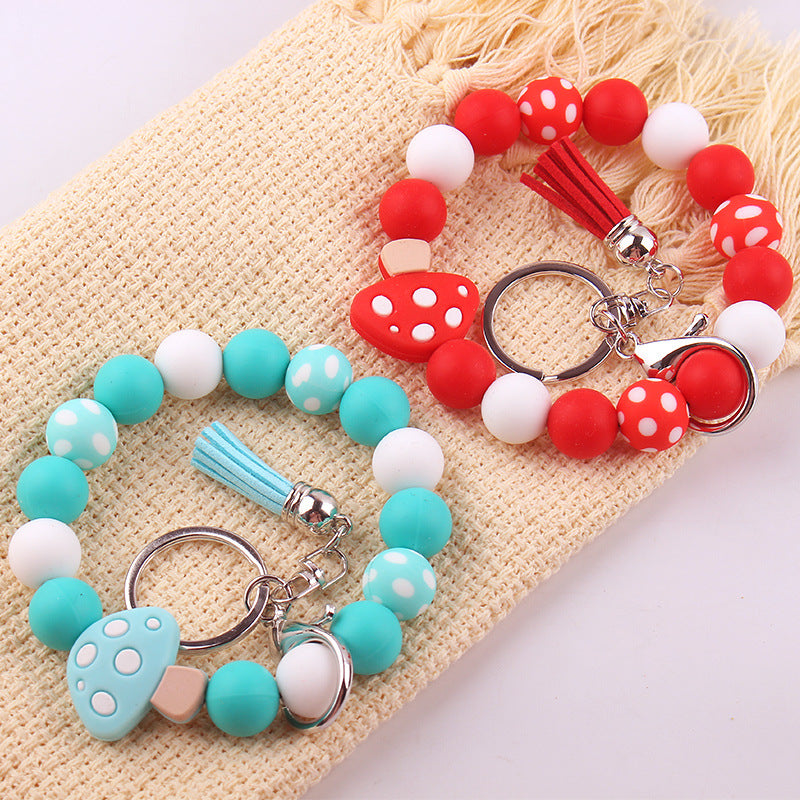 Wholesale  wrist keychain pendant leather PU short tassel mushroom silicone beaded bracelet