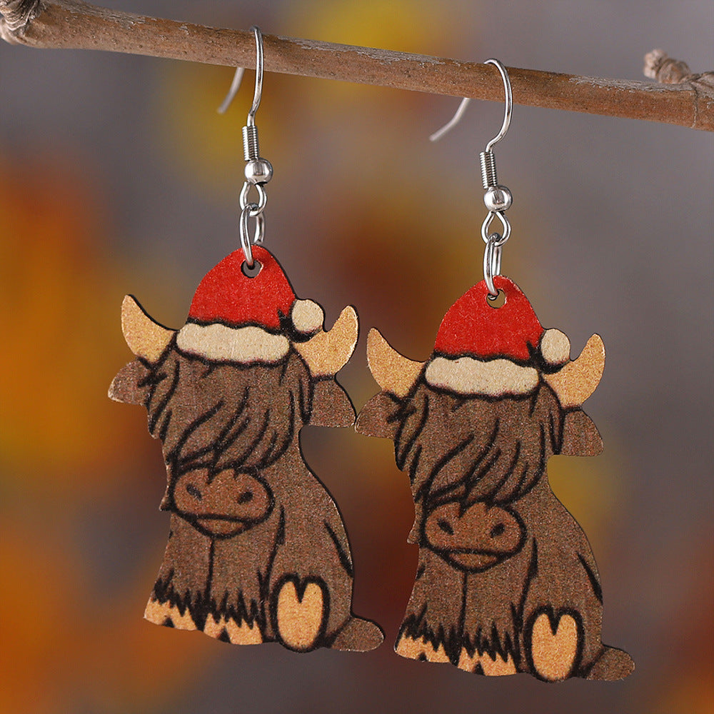 Wholesale  Christmas Western Style Christmas Hat Alpine Cow Pendant Earrings