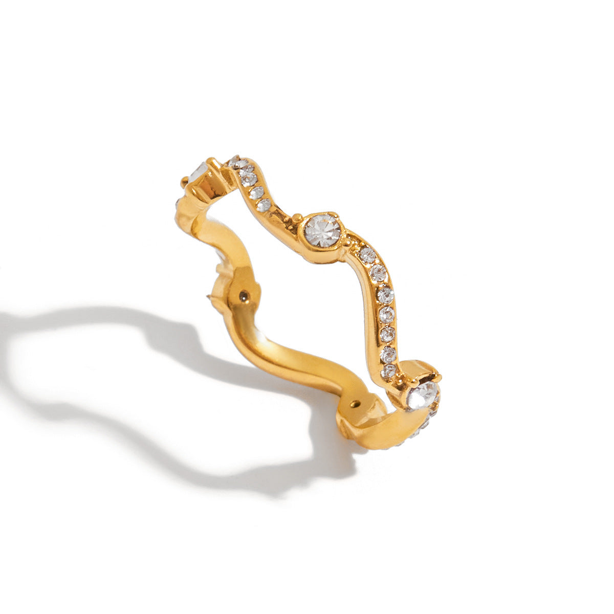Wholesale 18K Gold Stainless Steel Wave Ring with White Diamonds