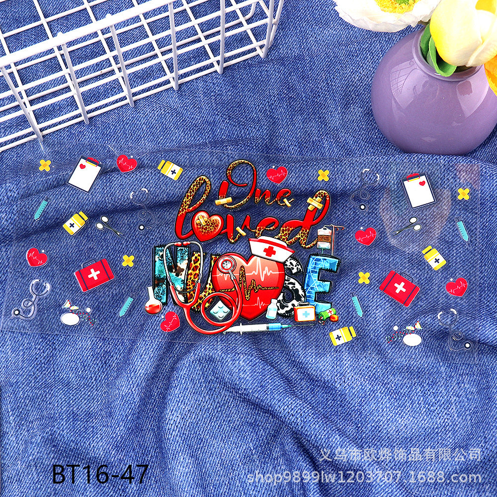 Wholesale Cartoon pencil medical UV transfer stickers crystal stickers tear film leave word crystal stickers 16oz glass stickers