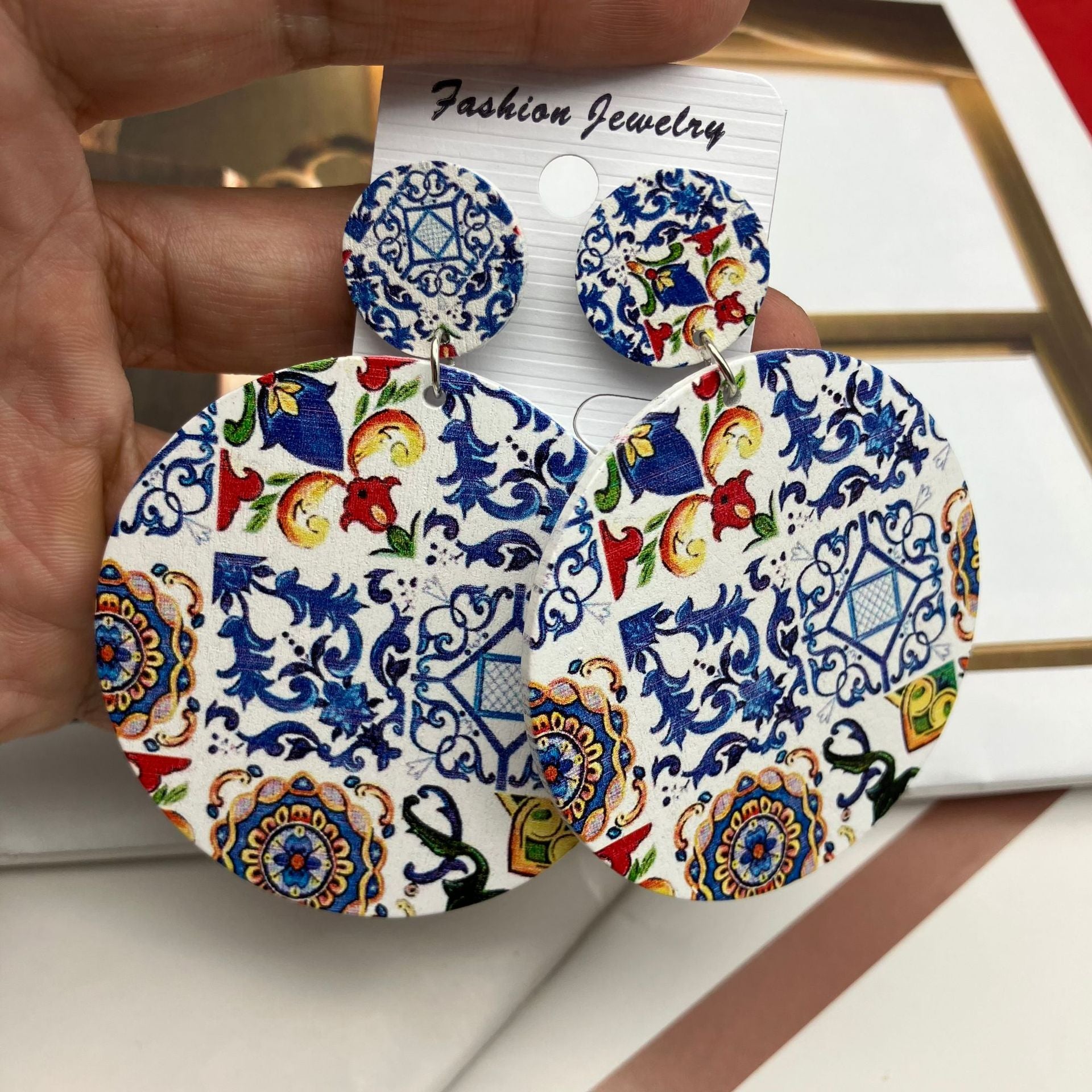 Wholesale Ceramic Pattern Bohemian Wood Cotton and Linen Earrings ACC-ES-FX009