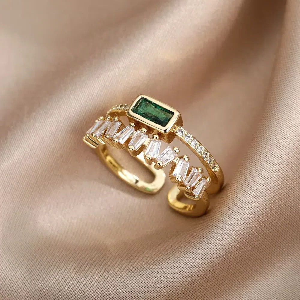Wholesale Cross-border Light Luxury Retro Style Green Zircon Open Ring 18K Gold Plated Emerald High-grade Finger Ring Jewelry