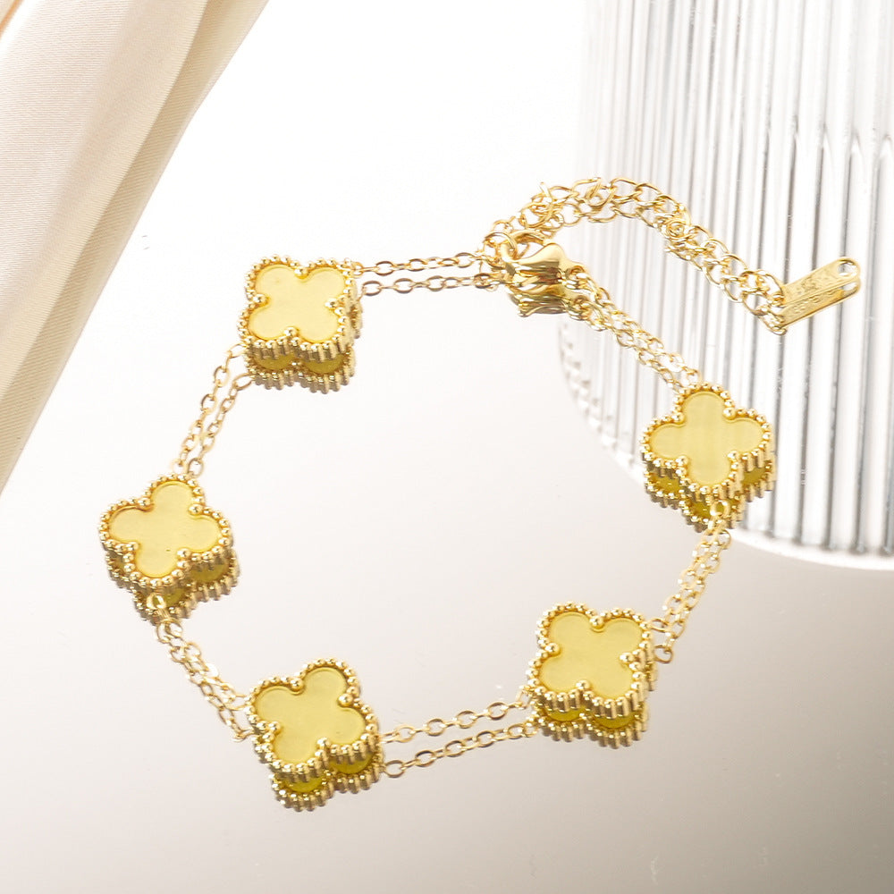 Wholesale Four-Leaf Clover Stainless Steel Bracelet Gold Plated Macaron Color Jewelry Accessory ACCVIP