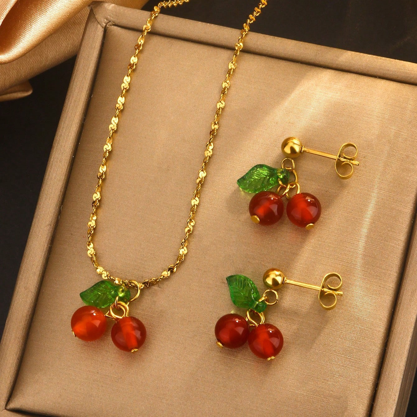 Wholesale Cherry Shape Stainless Steel Necklace Earrings