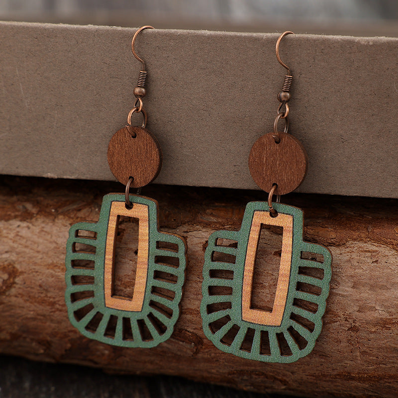 Wholesale Retro Geometric Wooden Earrings For Women Green Hollow Design Fashion Jewelry Accessory Gift