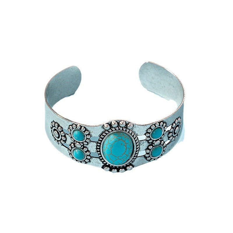 Wholesale bohemian style new simple fashion oval pattern turquoise metal bracelet