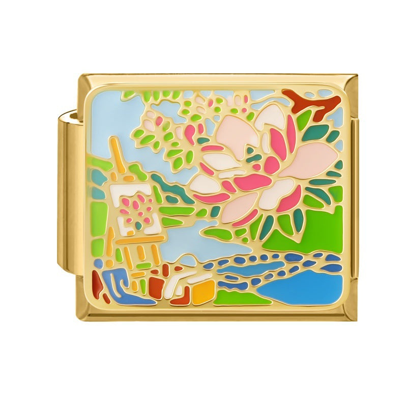Wholesale Cute Cat Landscape DIY Modular Charm Bracelet Stainless Steel Gold Base Jewelry Accessory
