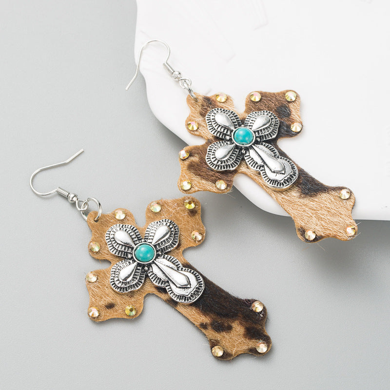 Wholesale Leopard Leather Cross Alloy Inlaid Turquoise Exaggerated Earrings