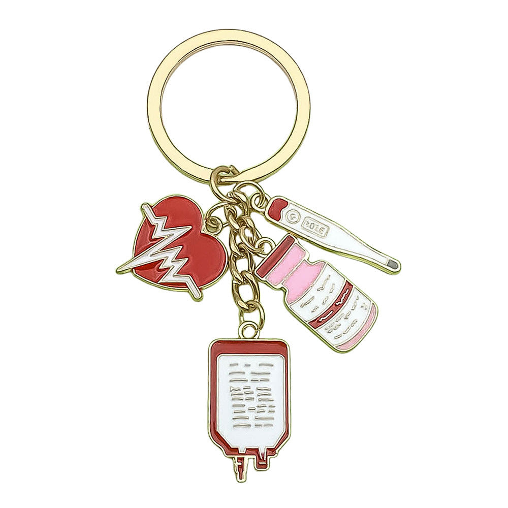 Wholesale Antique Silver Alloy Medical Syringe Stethoscope Keychain Red Heart EKG Design Creative Gift Car Key Accessory