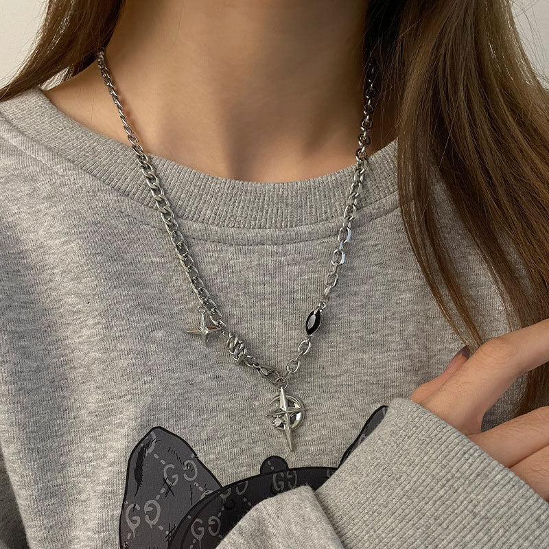 Wholesale Titanium Steel Black Gem Stitching Cross Mang Star Necklace