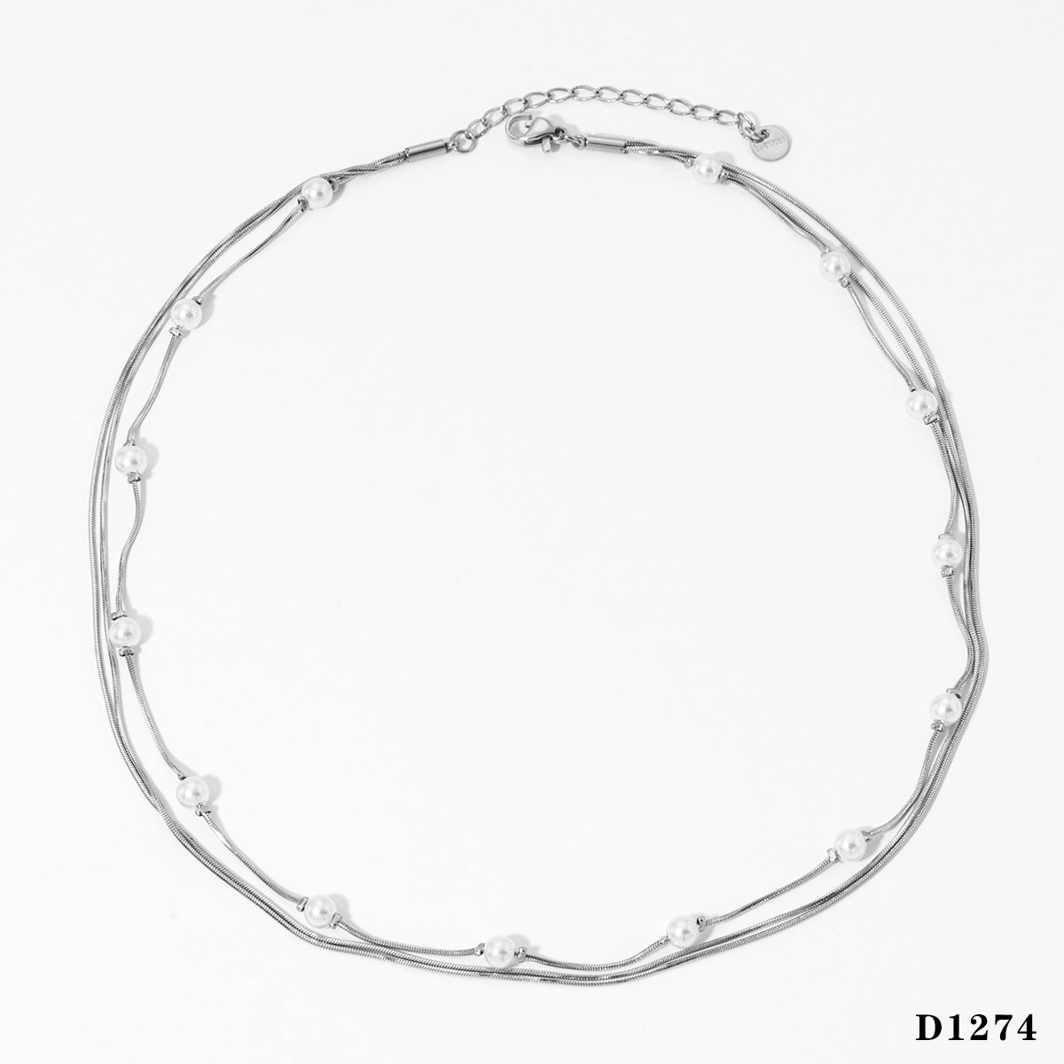 Wholesale  Stainless steel three layer pearl square snake chain necklace