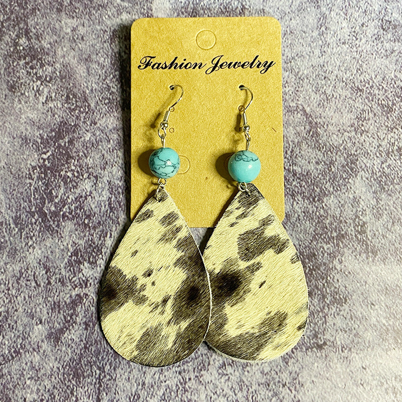 Wholesale Vintage Leather Earrings Western Style Long Teardrop Turquoise Stitching Earrings ACC-ES-XinChuan037