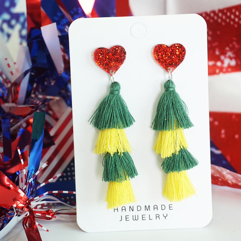 Wholesale 2 Pairs/pack American Independence Day Multi-layered Tassel Love Silk Earrings ACC-ES-HY041