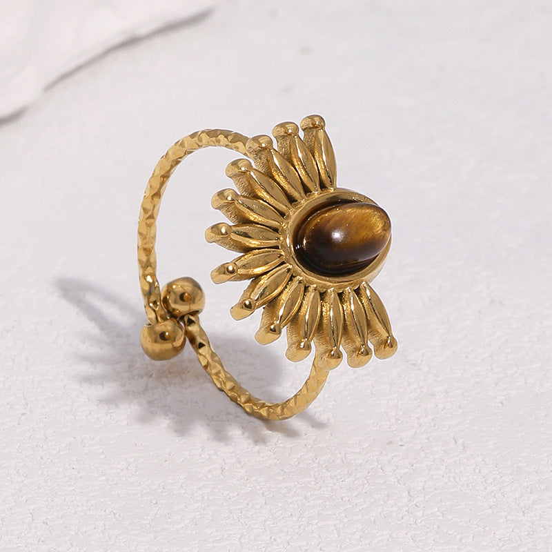 Wholesale Fashion Flower Design Open Ring,  Stainless Steel with Amber Stone,  18K Gold Plated,  Boutique Resale Jewelry Accessory