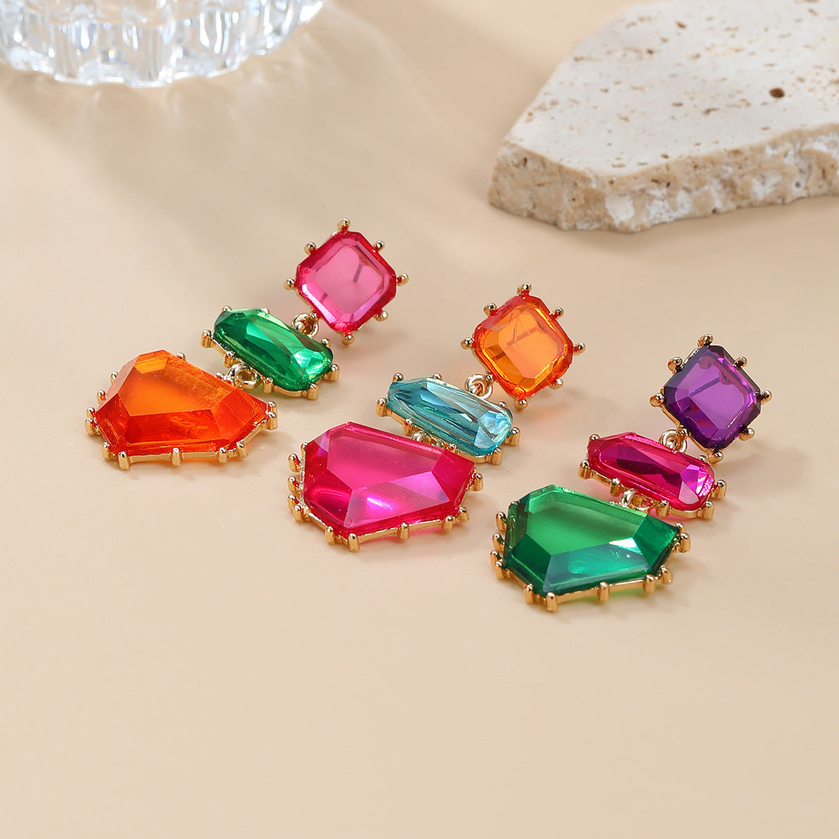 Wholesale Bohemian Jewelry Colored Diamond Earrings with Exaggerated Geometric Shapes and Color Blocking Earrings ACC-ES-JL004