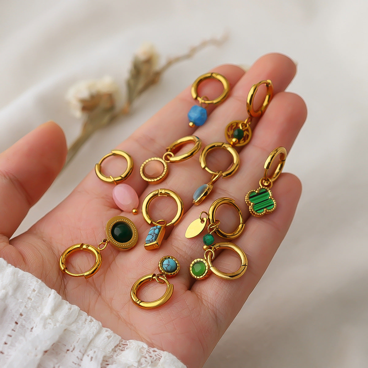 Wholesale  18k gold titanium steel geometric blue turquoise earrings