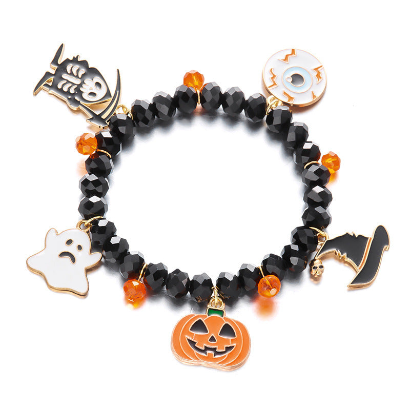 Wholesale  Ghost Pumpkin Lantern Bracelet Cartoon Bat Alloy Pendant Crystal Beaded Women' s Fashion Accessory