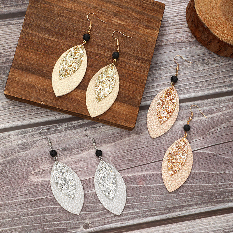 Wholesale  flash leaf natural volcanic stone vintage leather earrings