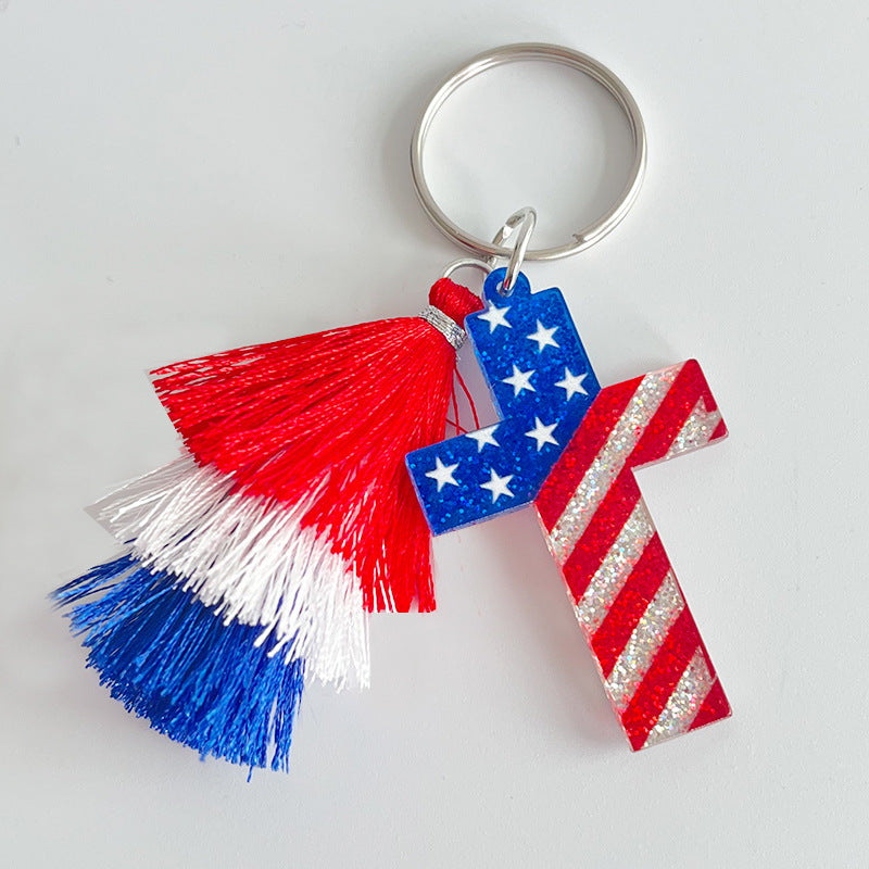 Wholesale 2pcs American Independence Day Pentagram Heart Shape Multi-Layered Tassel Keychain ACC-KC-HY024