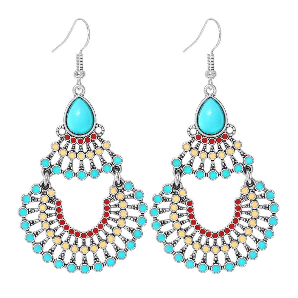 Wholesale Turquoise Geometric Tassel Earrings Antique Silver Retro Fashion Accessory for Everyday Wear or Gift
