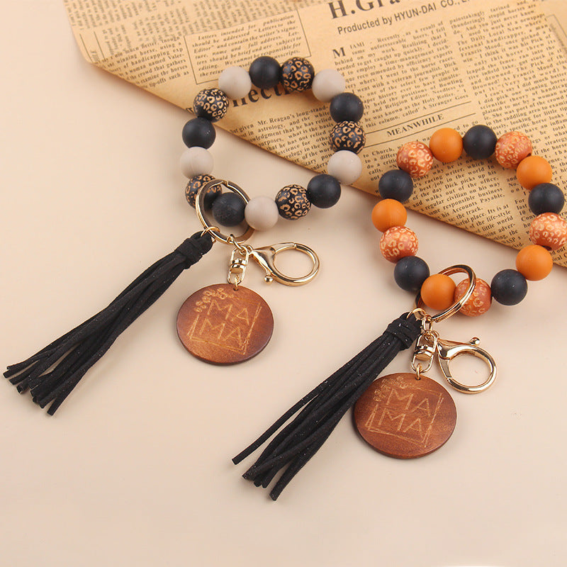 Wholesale Mother's Day MAMA Leopard Print Silicone Beaded Wrist Keychain Wristlet Keychain ACC-KC-GuangTian045