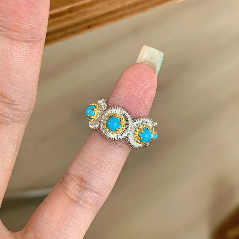 Wholesale  Turquoise Brushed Ring,  Exquisite Retro High-End Stacking Niche Ring
