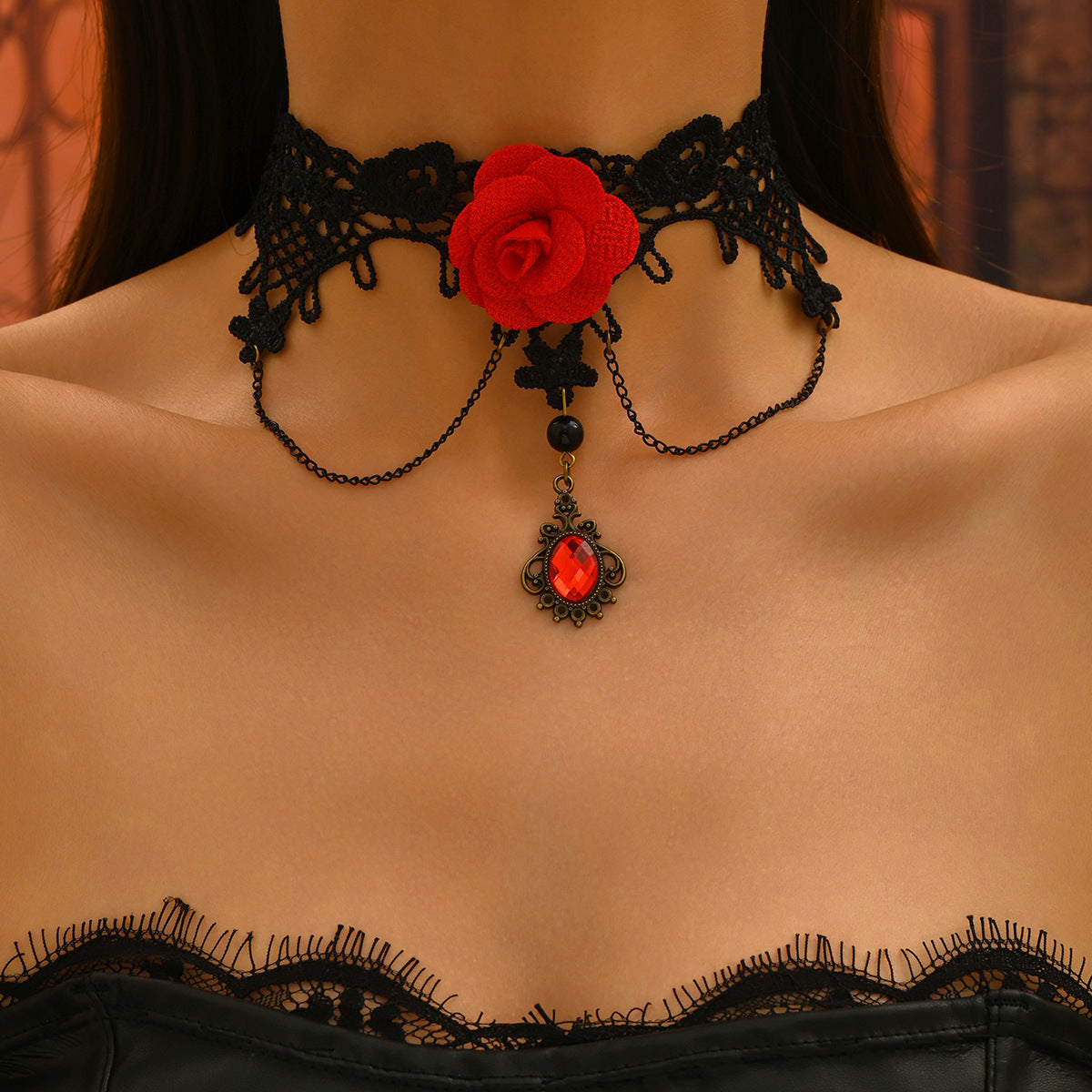 Wholesale  Retro Style  Red Rose Long Tassel Necklace