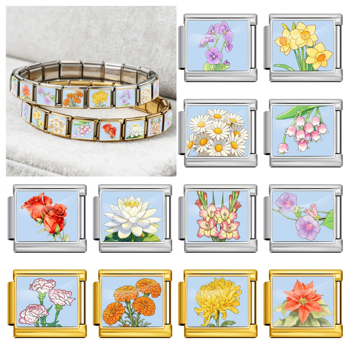 Wholesale Stainless Steel Birthflower Modular Bracelet Trendy Jewelry Gift for Everyday Wear