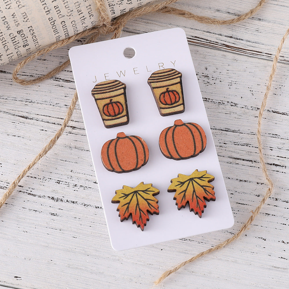 Wholesale  Harvest Pumpkin Coffee Cup Maple Leaf Earrings Set