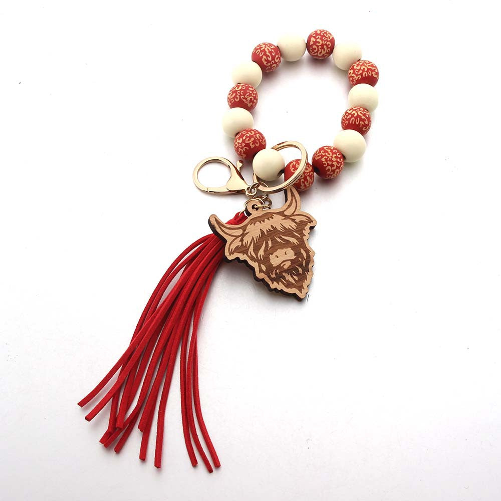 Wholesale Western Style Cow Tassel Wood Beads Beaded Wristlet Keychain ACC-KC-JinAn014