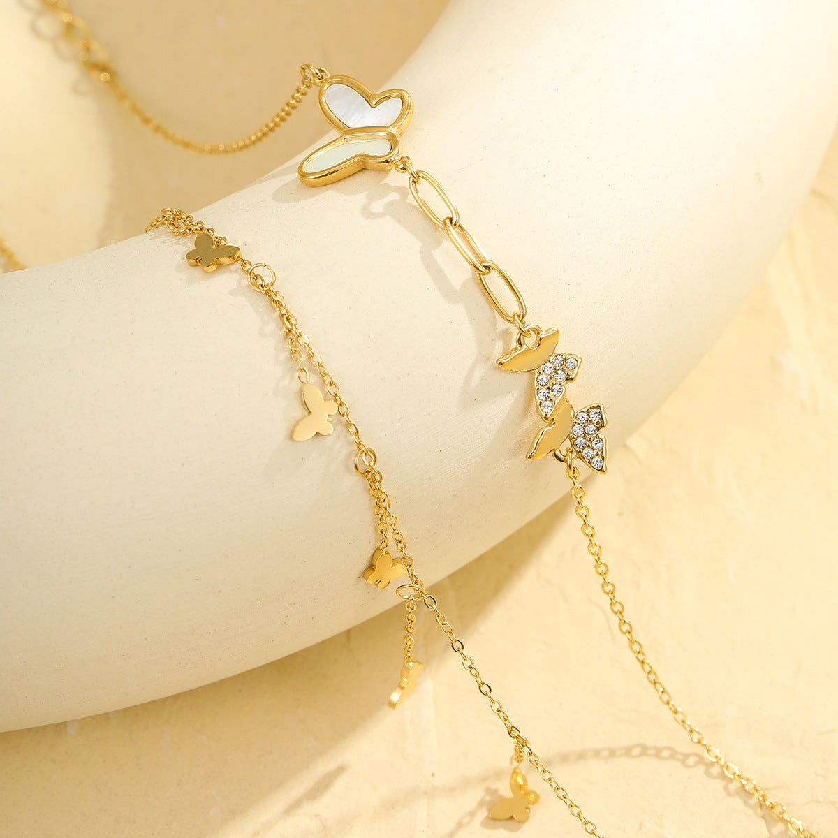 Wholesale  white shell butterfly diamond double stacked anklet