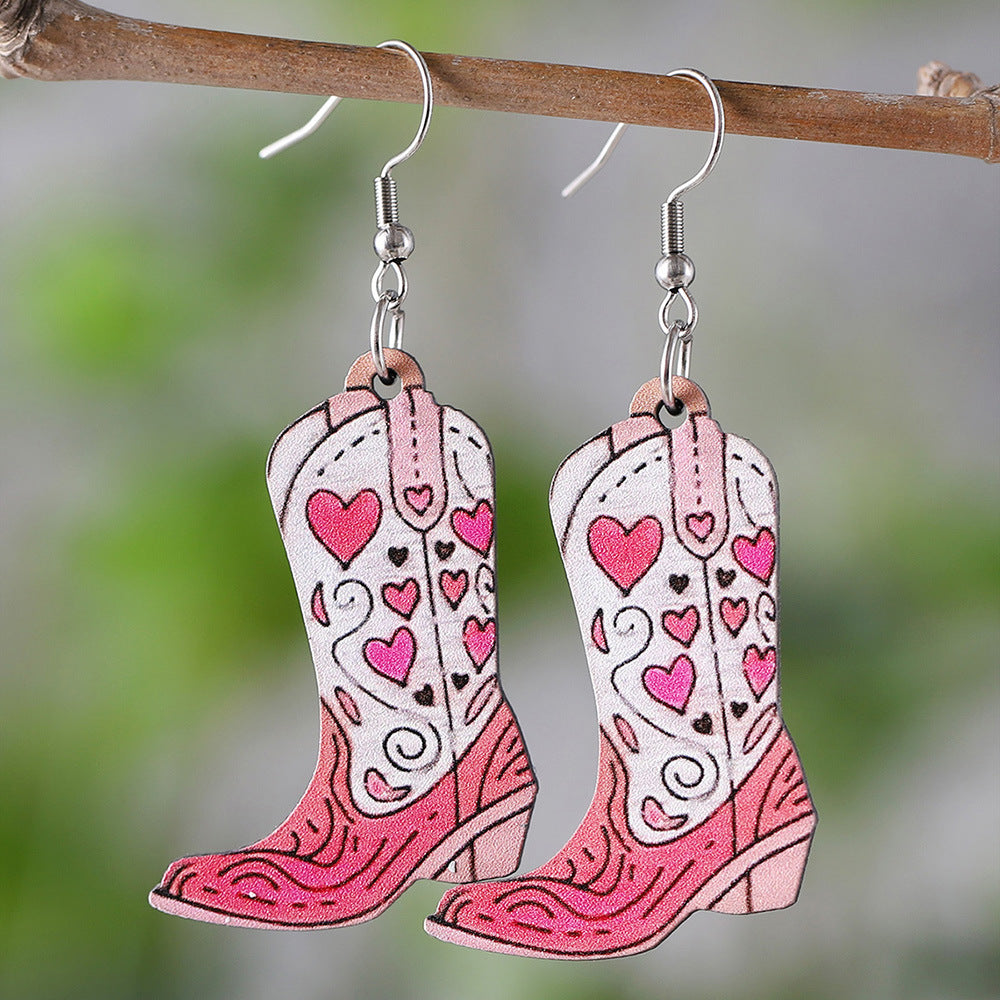 Wholesale Western Style Pink Heart Tassel Cowboy Boots Wood Double-Sided Earrings ACC-ES-ChuLian076