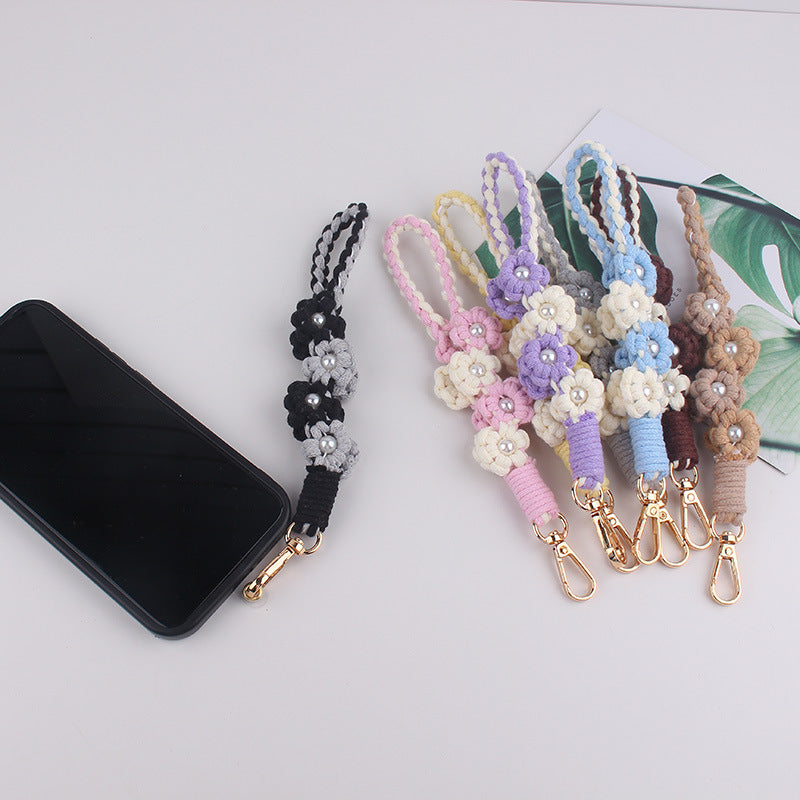 Wholesale Handwoven Pearl Flower Keychain Cute Candy Color Phone Lanyard With Cotton Rope Chic Bag Charm Everyday Use