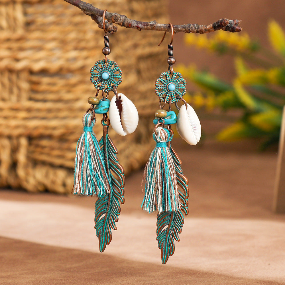 Wholesale Vintage Leaf Pendant Tassel Earrings Alloy Hollow Carved Fashion Jewelry