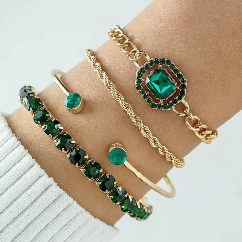 Wholesale Alloy Multi-Layer Stackable Bracelet Set,  Vintage Emerald Zircon Design with Gold Edging,  Fashion Accessory for Everyday Wear