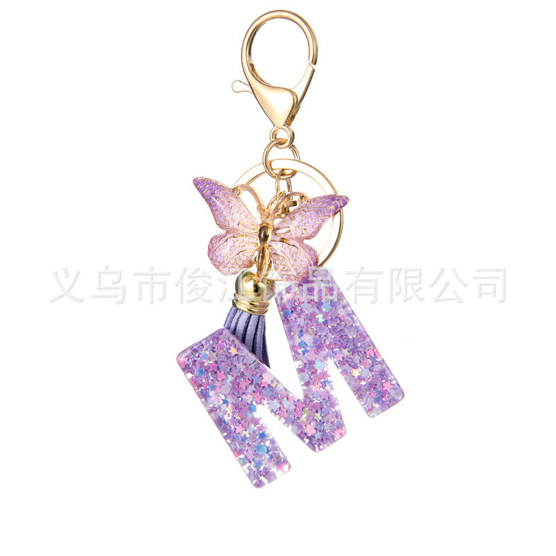 Wholesale Purple Star Tassel Resin Keychain 26 English Letters Bag Charm For Women Students Fashion Decorative Accessory