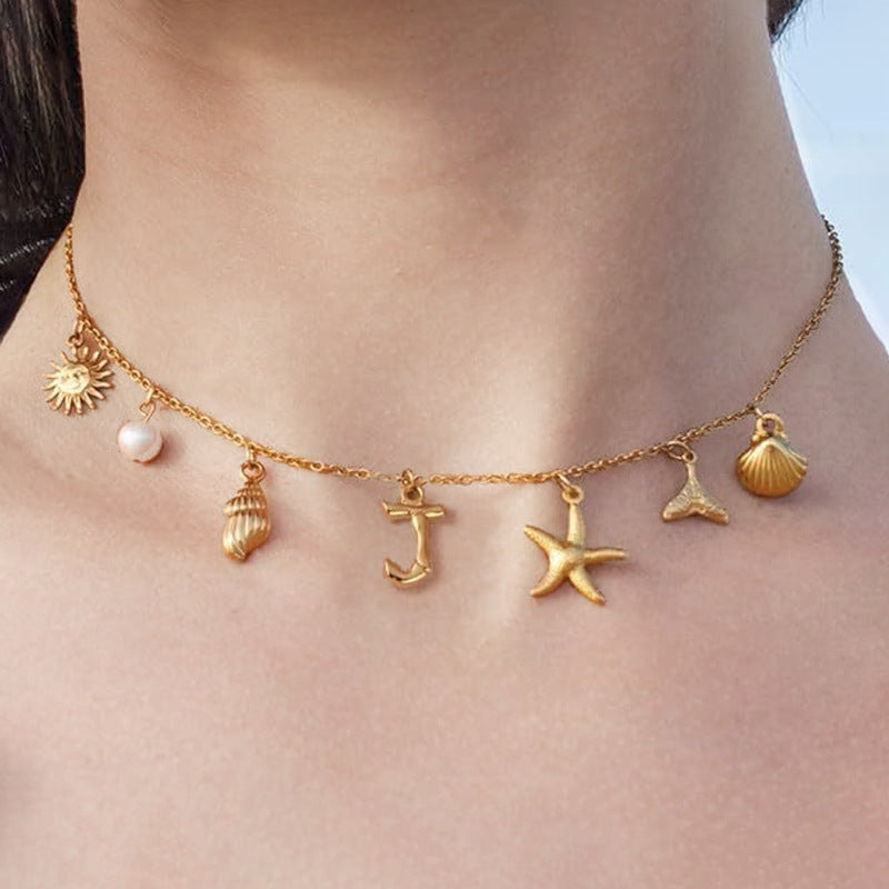 Wholesale Bohemian Shell Starfish Gold Electroplated Copper Alphabet Pendant Necklace for Women Fashion Accessory