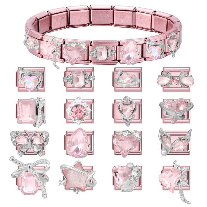 Wholesale Little Fresh Modular Bracelet with Pink Zircon Charms Stainless Steel Jewelry Accessory for Boutique Resale