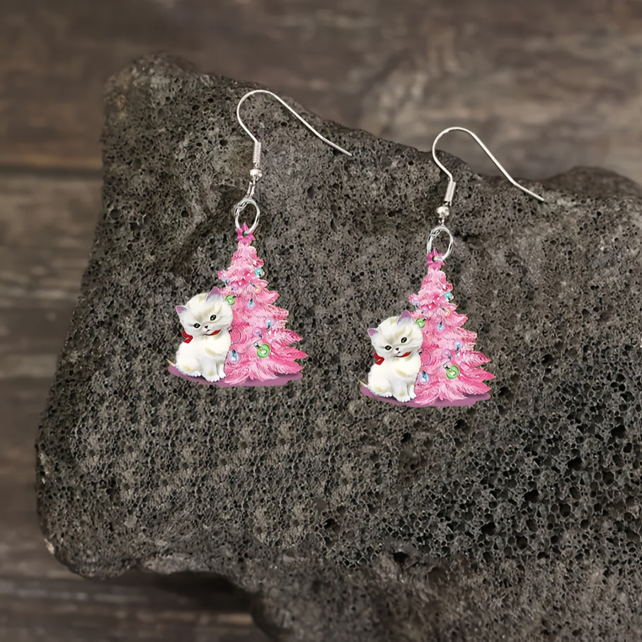 Wholesale Christmas Earrings Cute Wooden Christmas Tree Cat Earrings
