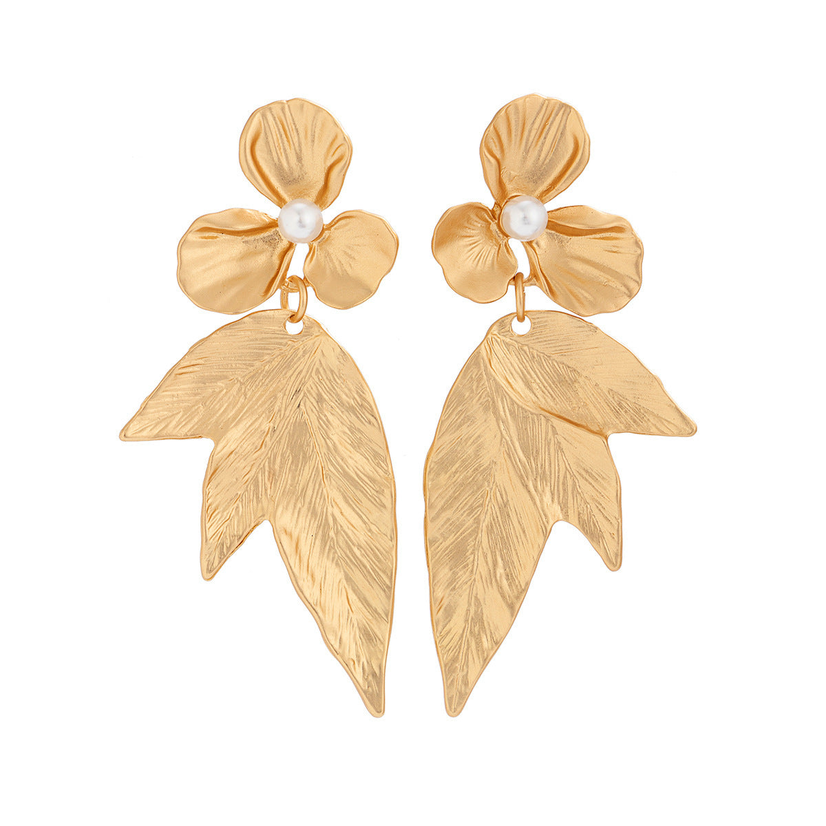 Wholesale Alloy Matte Gold Faux Pearl Ginkgo Floral Earrings Trendy Jewelry Accessory For Party Wear And Boutique Resale