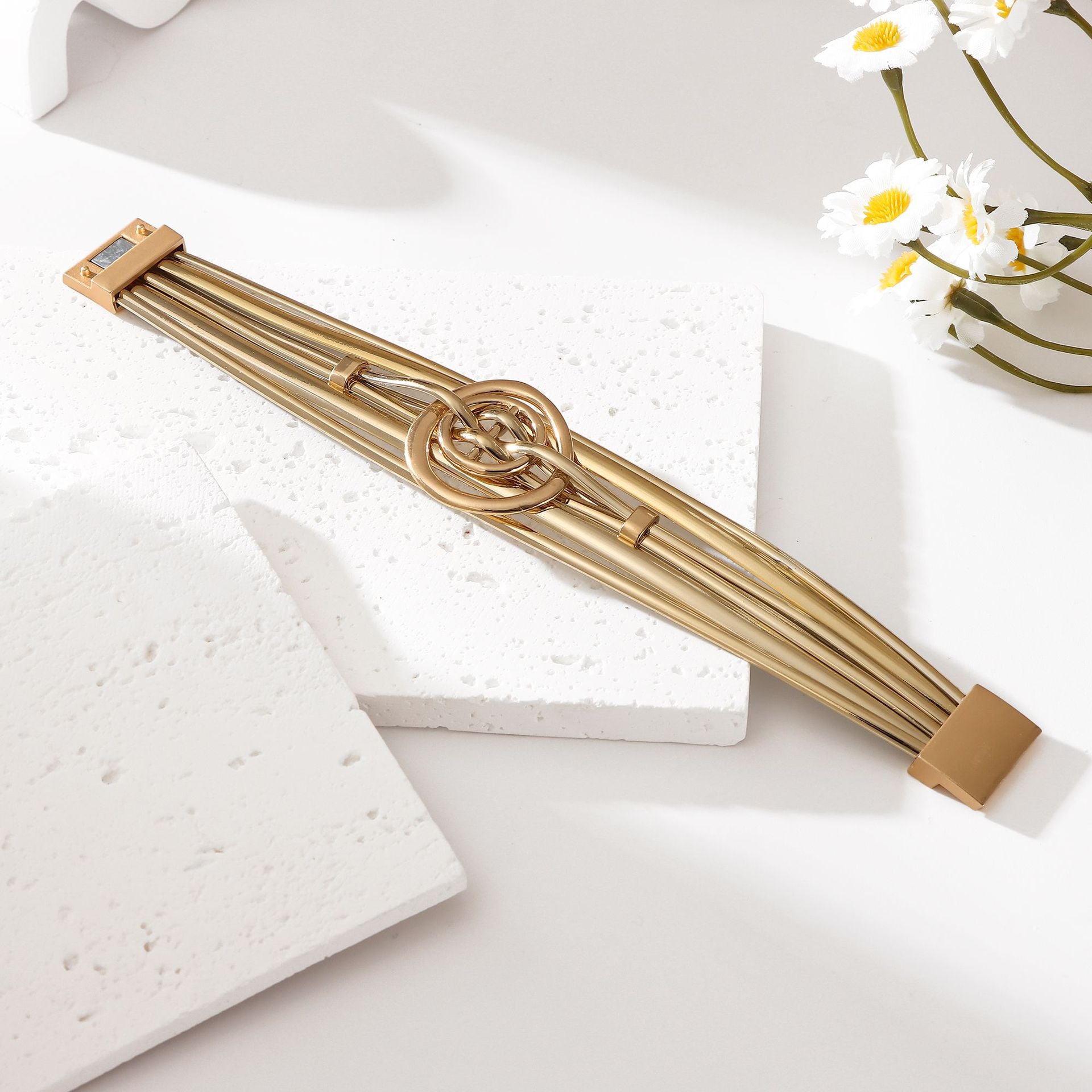 Wholesale Modern Minimalist Gold Zinc Alloy Women S Bracelet Oval Hollow Multi Layer Style Chic Jewelry Accessory For Everyday Wear And Boutique Resale