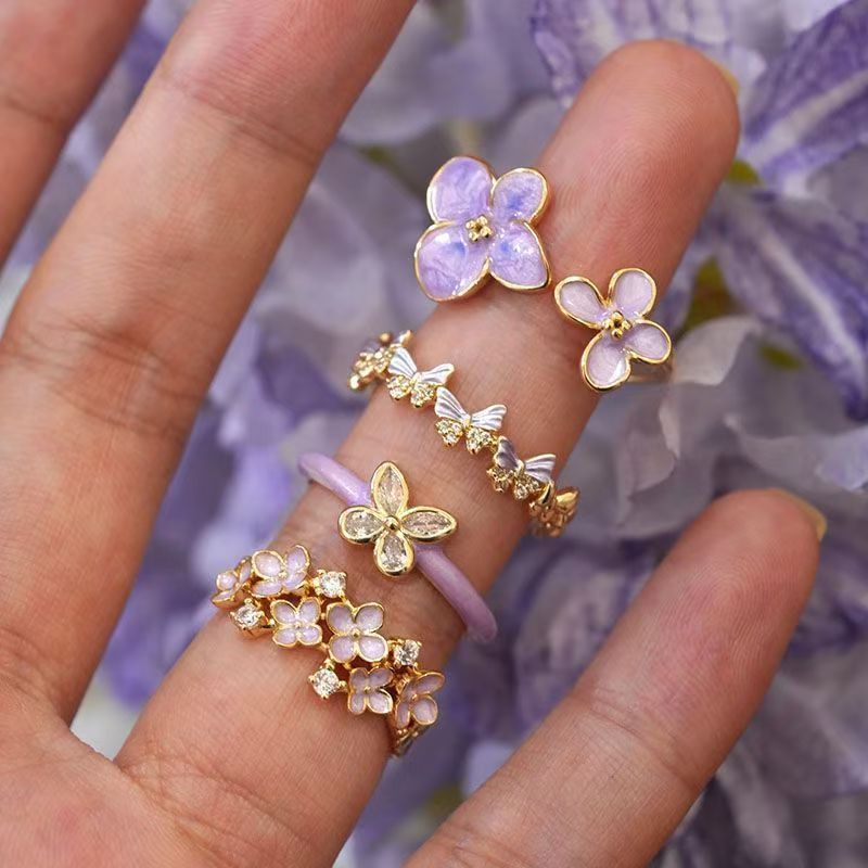 Wholesale Purple Butterfly Flower Open Ring Alloy Zircon Women S Jewelry Stylish Casual Party Gift Accessory